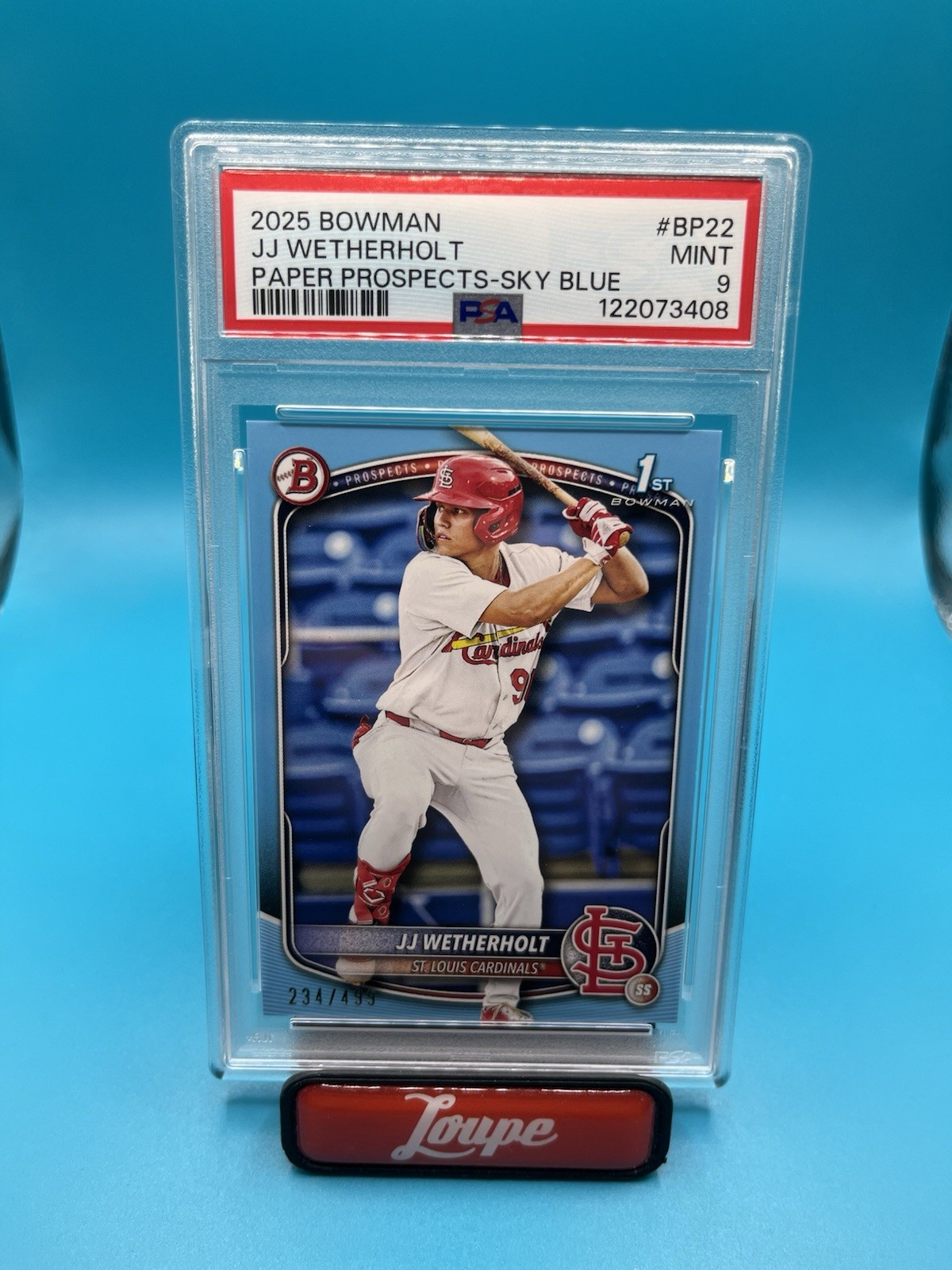 JJ Wetherholt 2025 Bowman 1st Bowman Sky Blue Paper 234/499 Cardinals PSA 9