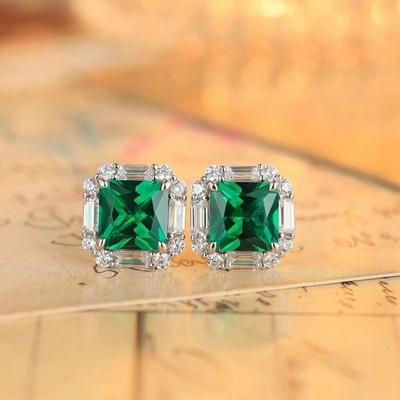 5.76Ct Princess Natural Emerald Diamond Wedding Earring Stud 14K Real White Gold