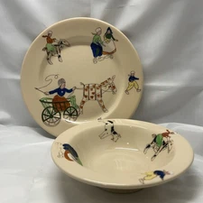 Syracuse AdobeWare Children's Hand-Painted Set 6" Cereal Bowl 8" Plate 1944-48