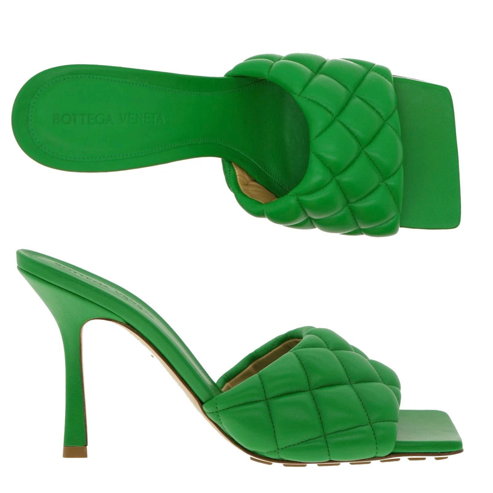 Bottega Veneta — Bottega Veneta Padded Quilted Heeled Sandals Green Nappa Leather Size 39 New