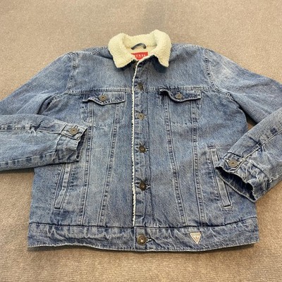 Guess Jacket Mens Medium Blue Sherpa Lined Denim Trucker Faux Shearling Warm