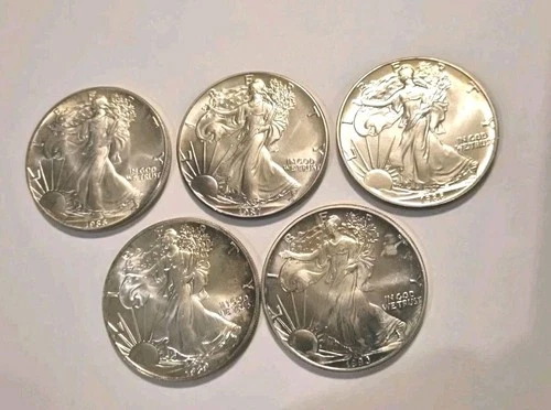 5) 1986 To 1990 American Silver Eagle Lot. All Gem Uncirculated. Very Nice Coins