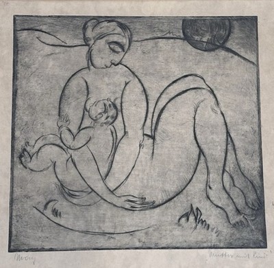 Antique 1919 Original Signed Etching Breastfeeding MUTTER UND KIND Mom & Baby