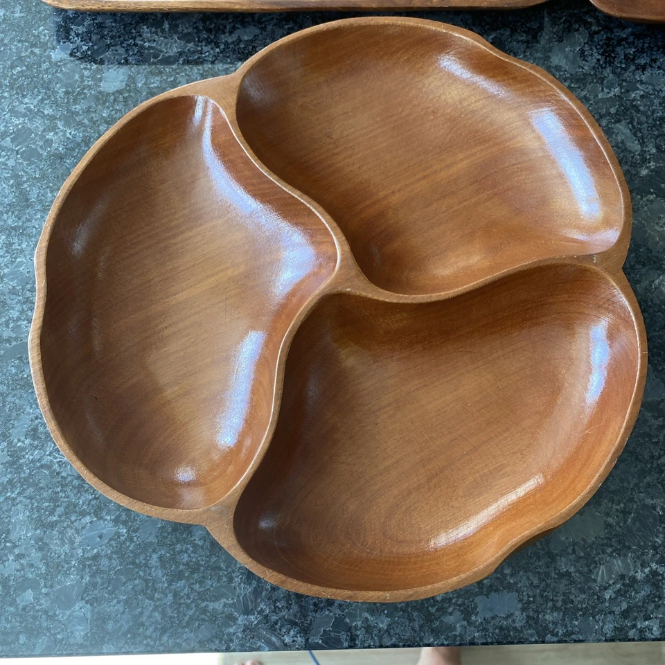 4 MCM Monkey Pod Wood Square Dinner Plates 12” & Tri Serving Dish Tiki Hawaii - Image 2 of 4