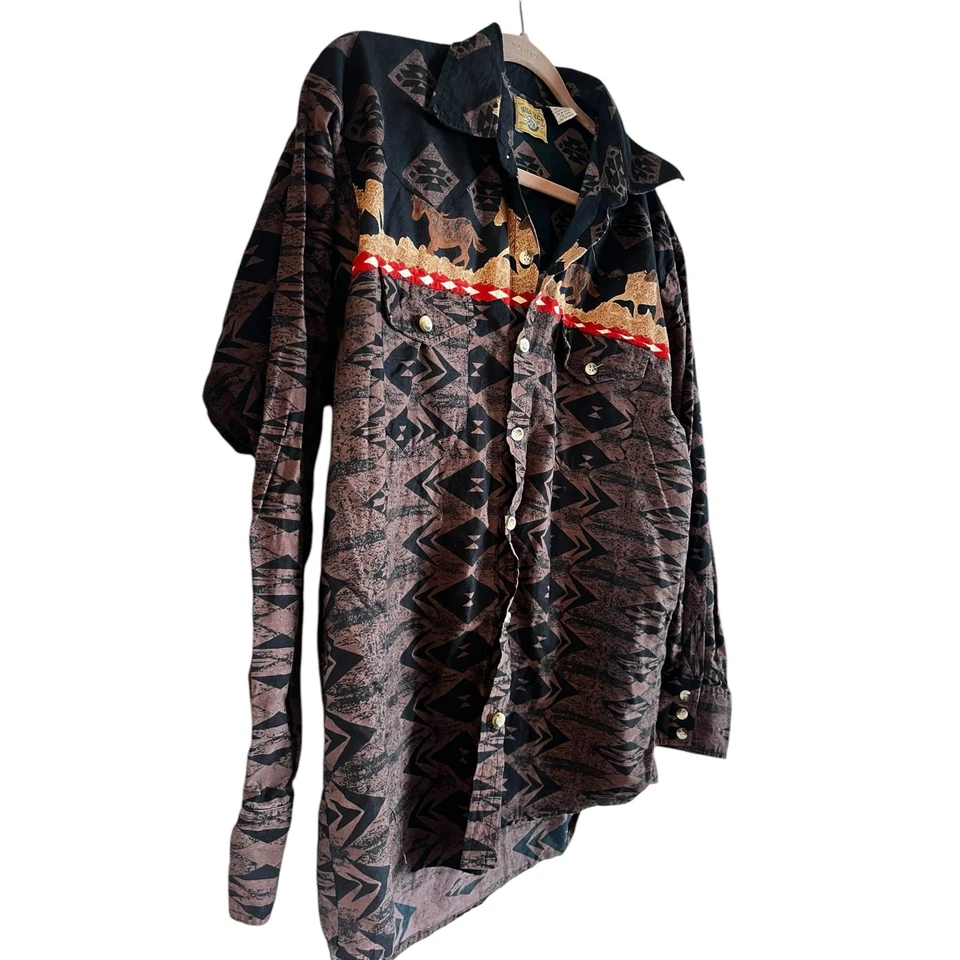 VINTAGE Moda Tech Western Shirt Mens XL Aztec Southwestern Horses Rodeo - Image 2 of 4