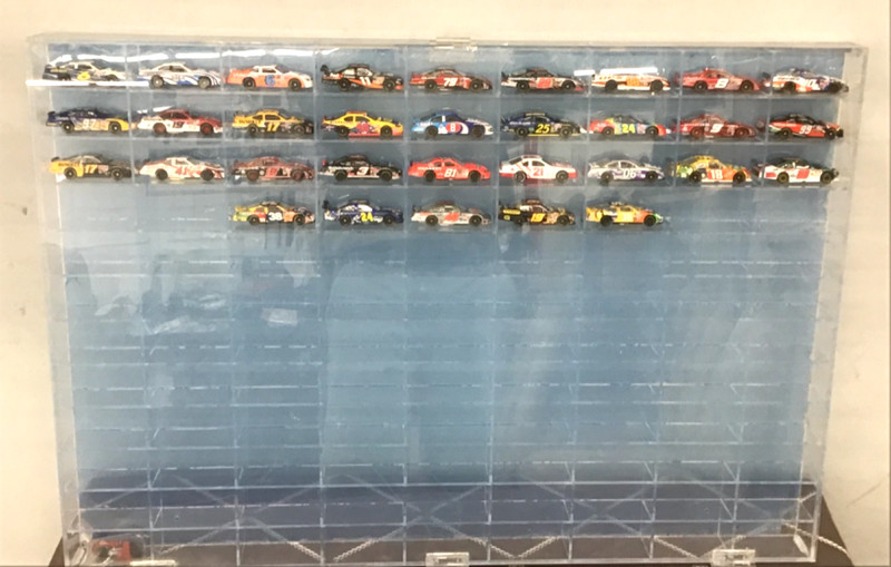 ACRYLIC DISPLAY CASE WITH 34 1:64 MATCHBOX CARS 