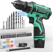 12V Cordless Drill Driver Set 3/8" Keyless Chuck 92pcs LED DIY Cyan