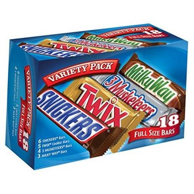 SNICKERS, TWIX, 3 MUSKETEERS & MILKY WAY Full Size 18 Count (Pack of 1)