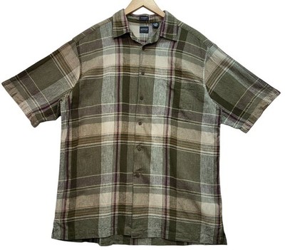 Arrow Mens Button Up Linen Blend Short Sleeve Size L Green Brown Plaid Casual
