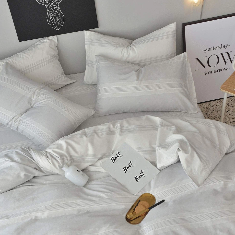 Conjunto de capa de edredom tamanho completo/queen 100% algodão branco/cinza claro estampado listrado... - Imagem 3 de 4