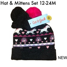 NWT Cat  Jack Baby Girl Unicorn Winter Hat  Mittens Set Black Pink 12-24M