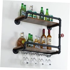 Wine Rack Wall Mounted 2 Tier, Hanging Floating Small Mini Bar Liquor 24 Inch