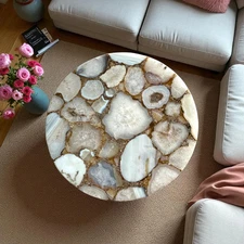Natural Agate Stone Round Corner Coffee Table Top Luxurious Handmade Modern Top