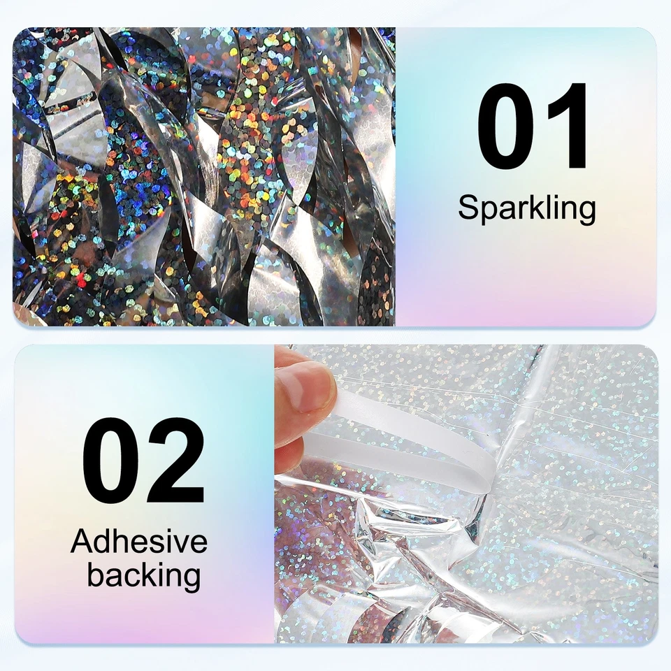 Paquete de 2 telones de fondo de fiesta para decoración, cortina de flecos de lámina transmisor, plateada Foto 3 de 4