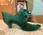 Vintage GLASS CAT HEAD SLIPPER SHOE Daisy & Button Design Forrest Green Fenton