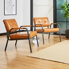 Glitzhome Mid-Century Chair Set of 2 30"H PU Leather Light Brown