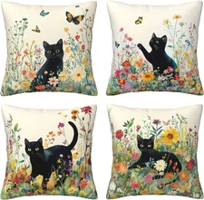 Summer Pillow Covers 18x18 Set of 4 Black Cat Throw Pillows Cover Wild Flower So