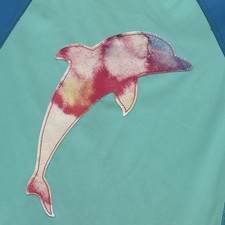 Lands End Two Tone Teal Rash guard with Rainbow Dolphin Swim Shirt Kids Large