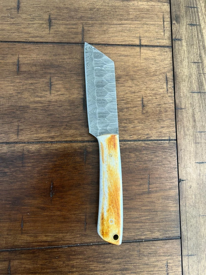 CUSTOM HANDMADE HAMMERED DAMASCUS BURNT BONE HANDLE TANTO LEATHER SHEATH 112/4 - Image 4 of 4