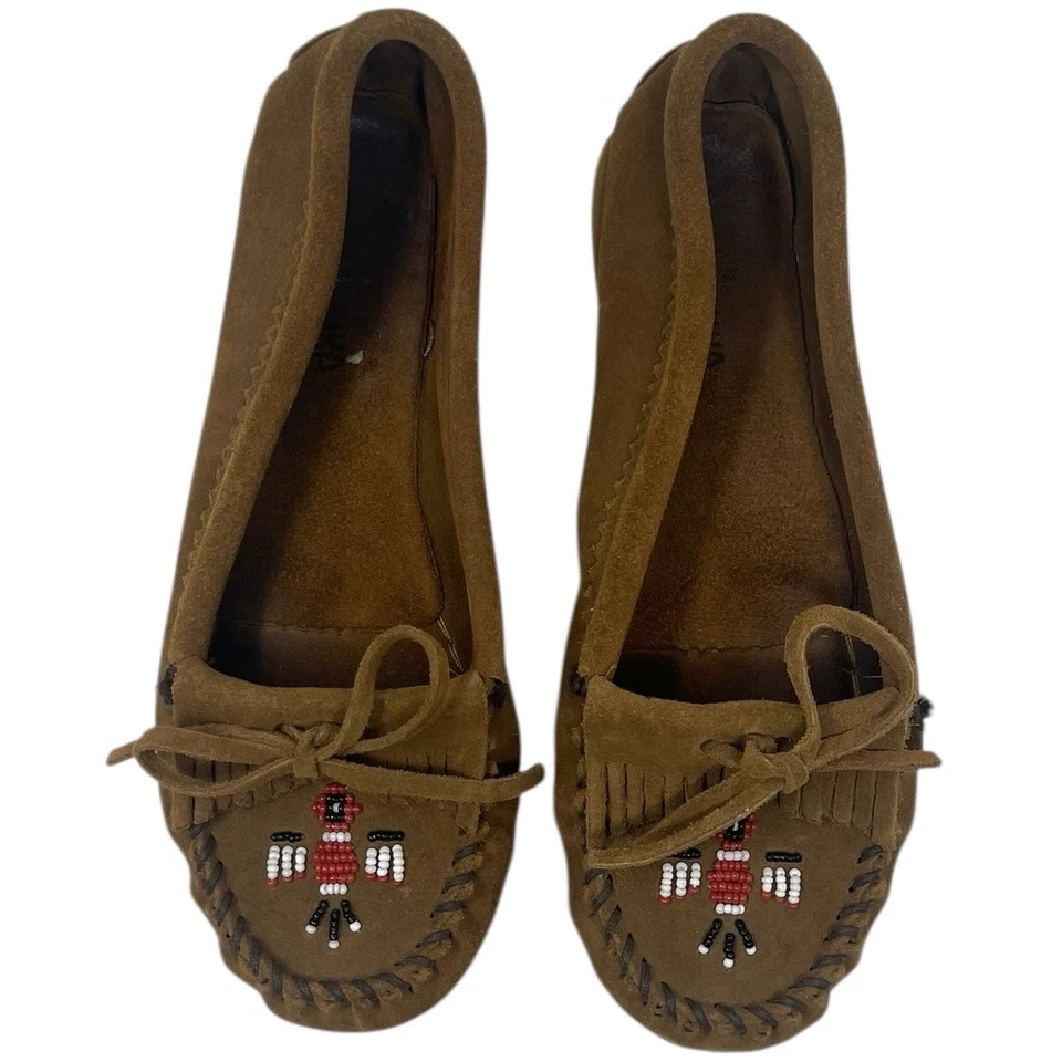 Minnetonka Womens 8 Thunderbird Suede Leather Moccasins Beaded Fringe Tan Kiltie - Image 3 of 4