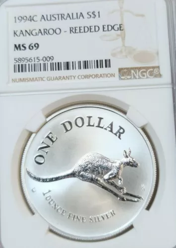 1994 AUSTRALIA SILVER DOLLAR S$1 KANGAROO REEDED EDGE NGC MS 69 SCARCE COIN