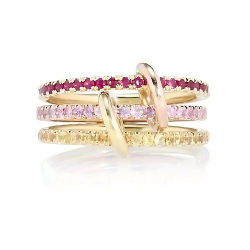 3 Stone 22K Gold 925 Sterling Silver Multi Link Connected Eternity Set Ring