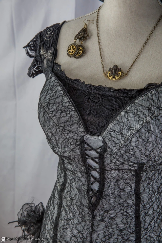 Disfraz Steampunk Blanco Negro Damas Pequeño Burlesque Festival Halloween Foto 4 de 4