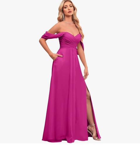 Off Shoulder Chiffon Bridesmaid A-Line Gown Prom Dress w/ Pockets Plus Size 18