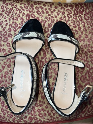 Aquatalia Women Shoes Queena Black Patent Leather w Python Wedge Sandal Size 8.5 - Picture 2 of 13