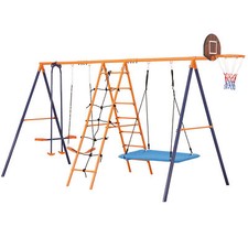 Swing Set for Backyard, 6-in-1 Outdoor Metal Swing Play Set with A-Frame Stand