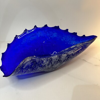 Stunning Vintage Freeform Deep Blue Glass Bowl Centerpiece Iridescent Wave Shell