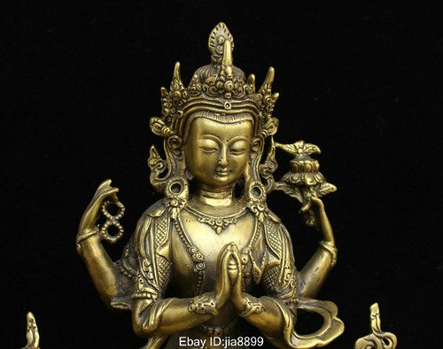 Tibet Buddhism Bronze Brass Louts 4 Arms Chenrezig Buddha Statue Sculpture - Picture 5 of 8