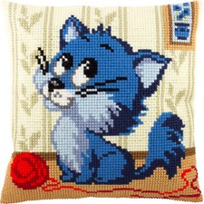 DIY Printed Cross-Stitch Cushion Kit "Kitten with a Ball of Yarn", 16x16" /