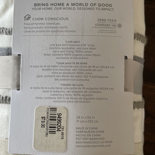 Pottery Barn Kids Rowan crib skirt natural Gray , White, Natural Embroidered New - Picture 3 of 11