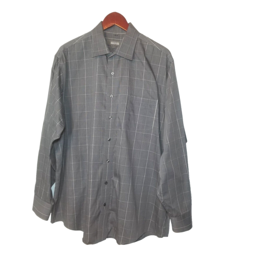 Kenneth Cole Reaction Non Iron Gray Plaid Cotton Button Up Dress Shirt 17-17 1/2 - Picture 1 of 7