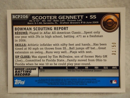 Scooter Gennett 2010 Bowman Chrome GOLD Refractor ROOKIE RC CARD REDS /50 HOT - Picture 3 of 3