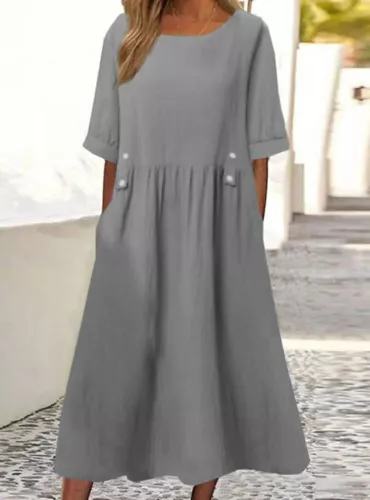 2023 kurzärmeliges Damenkleid aus Baumwolle Leinen Sommerkleider Midi Maxi Boho Freizeitkleid - Bild 13 von 18