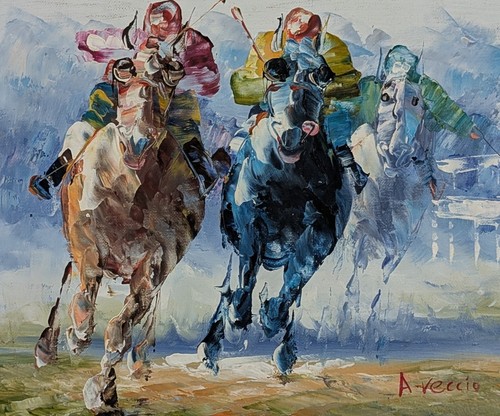 Vintage Anthony Veccio Signed Painting Racetrack Horse Racing Framed 34cmx29cm B - Picture 17 of 20