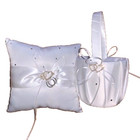 Wedding Pocket Ring Pillow Cushion Bearer & Basket with Double Hearts Decoration