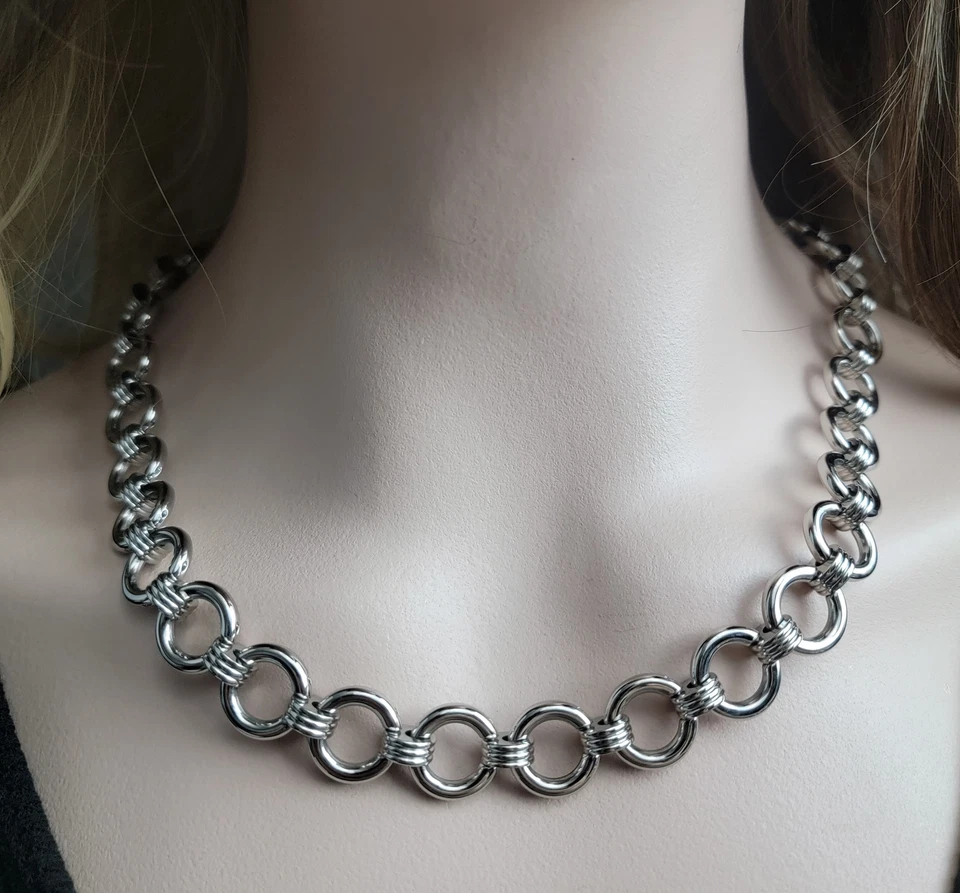 Collar industrial de acero inoxidable Rochet con eslabones de cadena circular punk para damas 22" Foto 2 de 4
