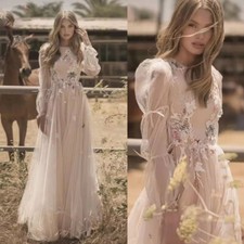 Applique Tulle Wedding Dress Long Puff Sleeves Bridal Gowns O Neck A Line Tulle