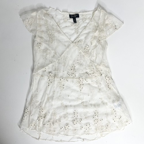 NWOT Jessica Simpson XS Cream Lace Beaded V Neck Sheer Blouse Sheer w/Camisole - Picture 6 of 11
