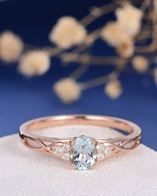 1.20Ct Oval Cut Simulated Aquamarine Fancy Anniversary Ring 14k Rose Gold Plated