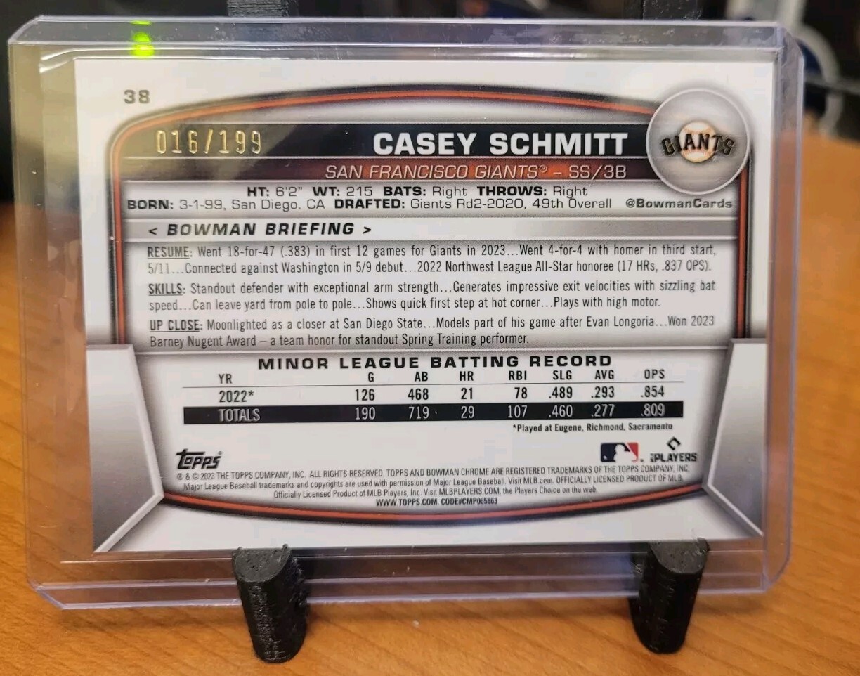 2023 Bowman Chrome Casey Schmitt Aqua Lava Refractor Rookie /199 #38 view 2
