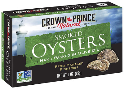 Crown Prince Natural Smoked Oysters Pure Olive Oil 3 Ounce Cans Pack of 18