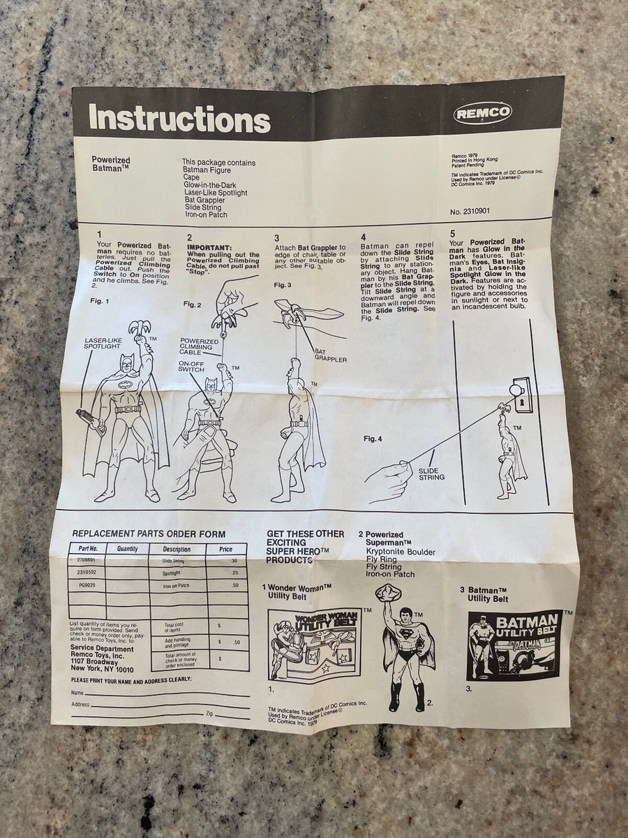 Vintage 1979 Remco Instruction Sheet Powerized Batman Toy