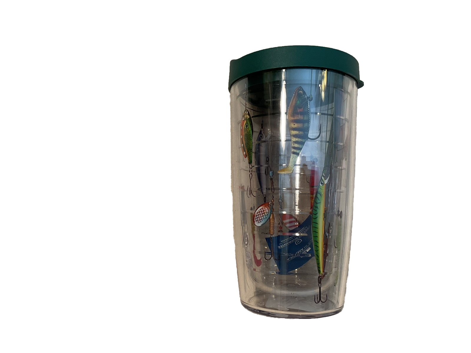 Tervis Fishing Clear Plastic 16 oz Tumbler w/ Lures & Hunter Green Lid