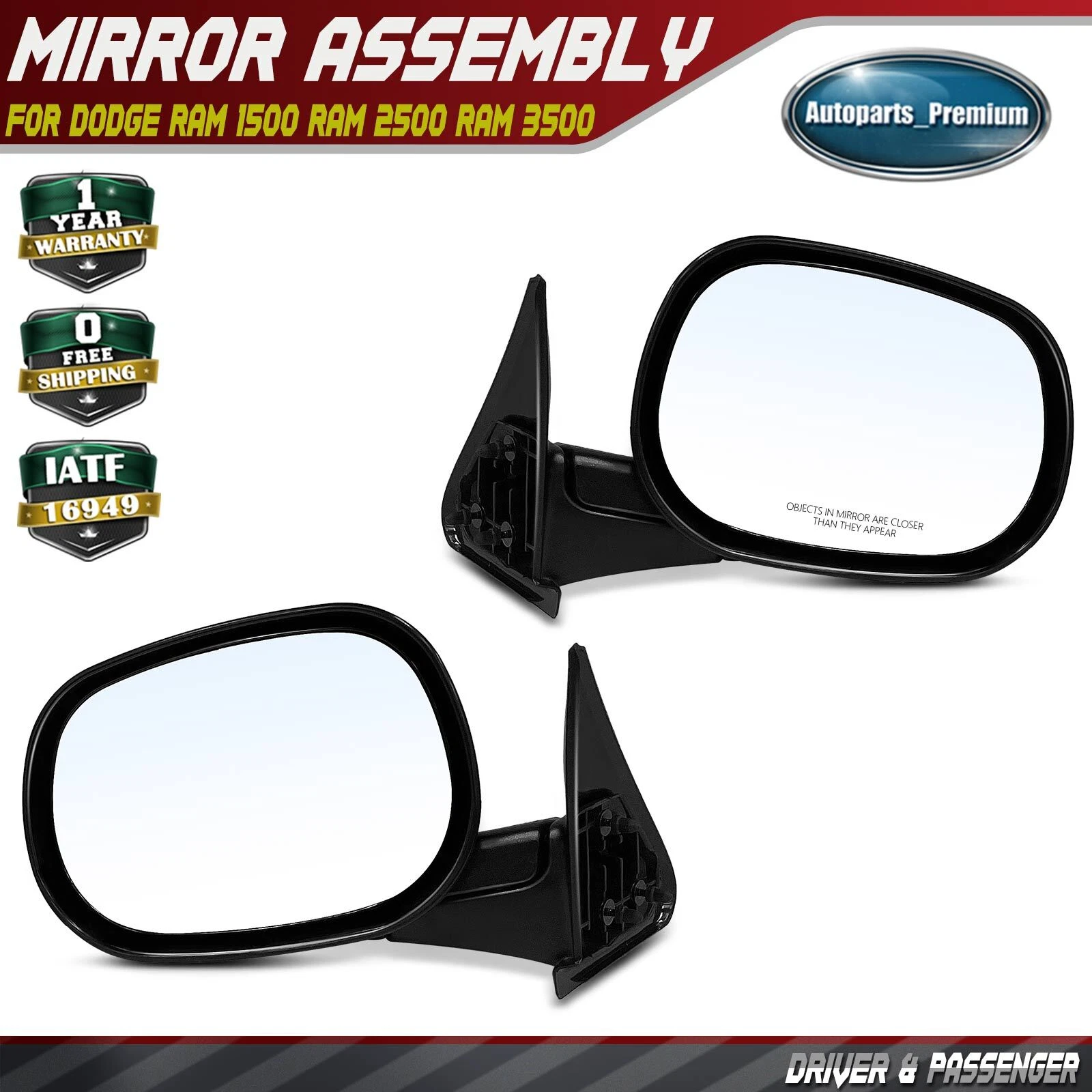 2Pcs Manual Mirror with Manual Folding for Dodge Ram 1500 2500 3500 1998-2001