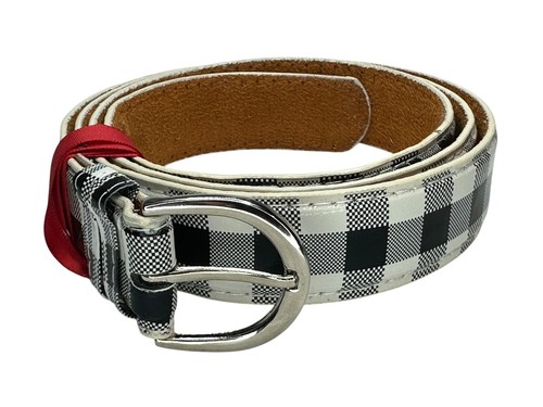 Black & White Checkered Genuine Leather Belt Retro Plaid Design Metal Buckle