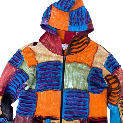 Happy Colors Womens XL Jacket Hoodie Multicolor Patchwork Boho Hippy Distressed - Picture 4 of 12